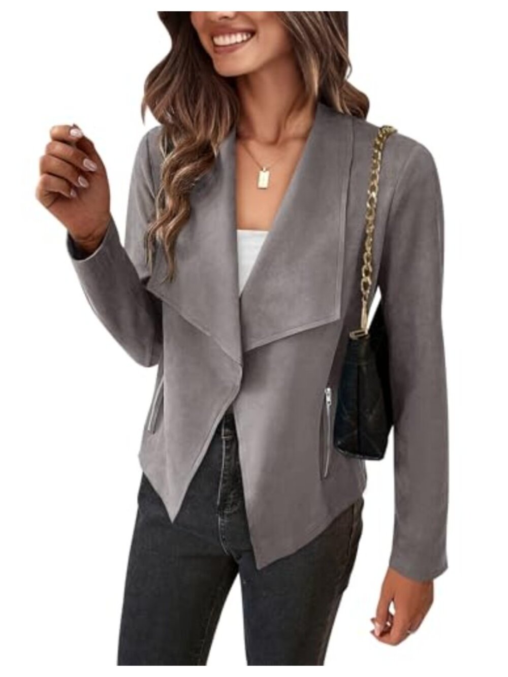 Faux Suede Cropped Jacket Waterfall Collar Open Front Pockets Womens